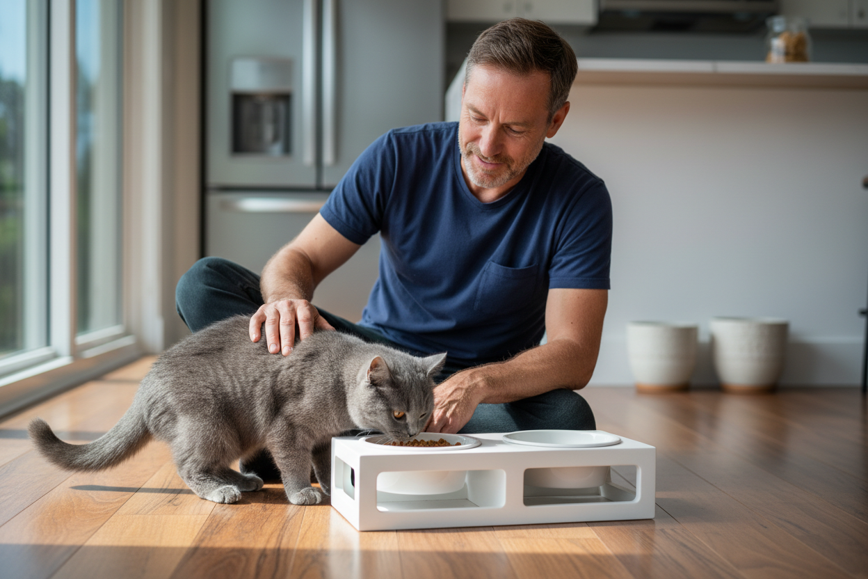 Minimal cat bowls and feeder set on a clean kitchen surface, everyday feeding essentials