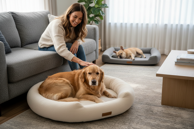 Cozy dog bed in a calm living room, soft neutral comfort setup