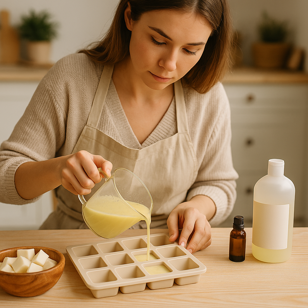 A flat lay of a DIY soap making kit from HobbyHive with natural ingredients, molds, essential oils, and handmade soap bars on a wooden table.