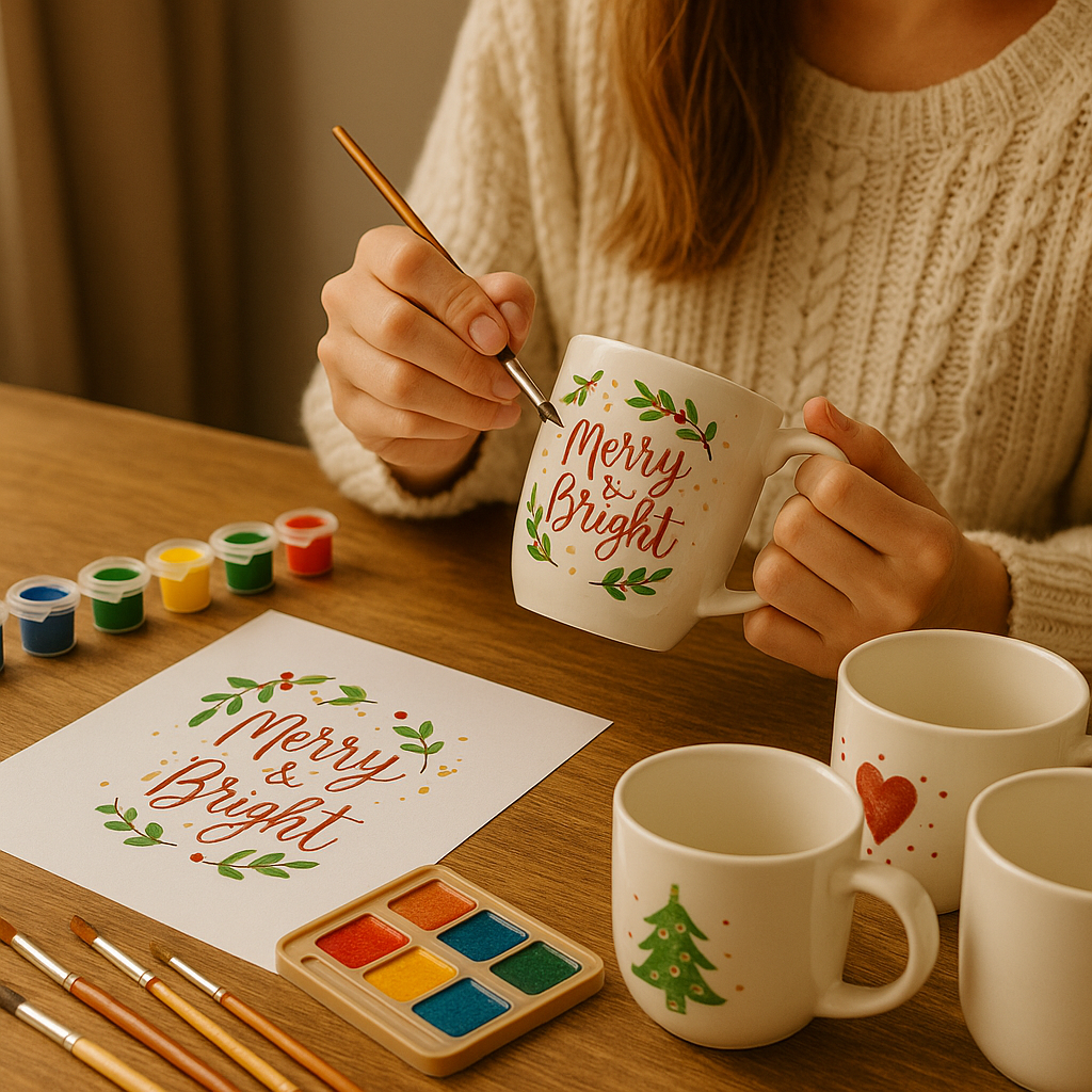 A woman hand-painting a ceramic mug with colorful designs using a DIY mug painting kit from HobbyHive on a cozy table.