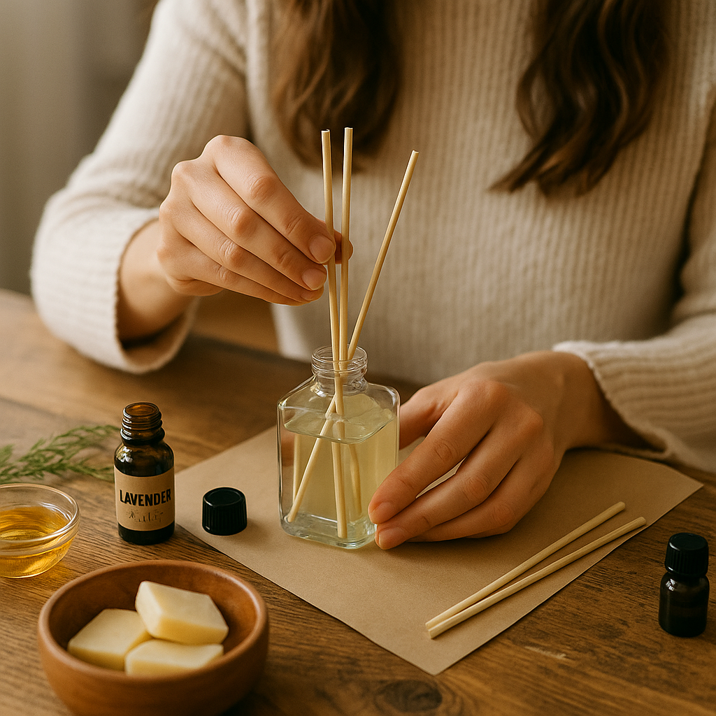 A woman assembling a reed diffuser using essential oils and a glass jar, part of a DIY aroma kit from HobbyHive on a wooden table.