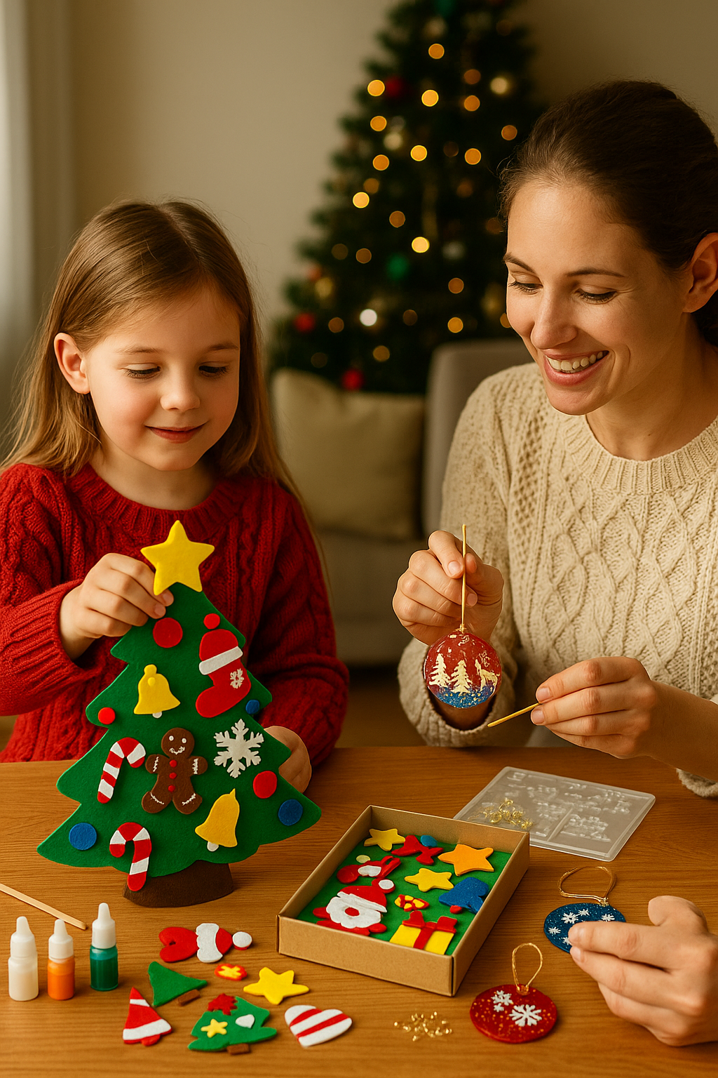 A child and adult decorating a felt Christmas tree and crafting resin ornaments together using a HobbyHive DIY holiday decoration kit.