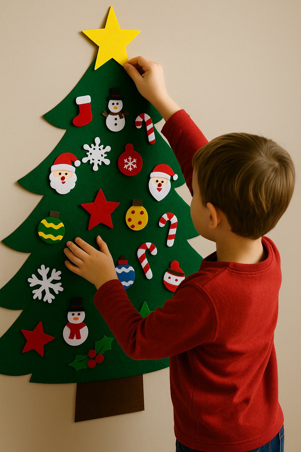 A young child decorating a felt Christmas tree on a wall using colorful velcro ornaments from HobbyHive’s DIY kit.