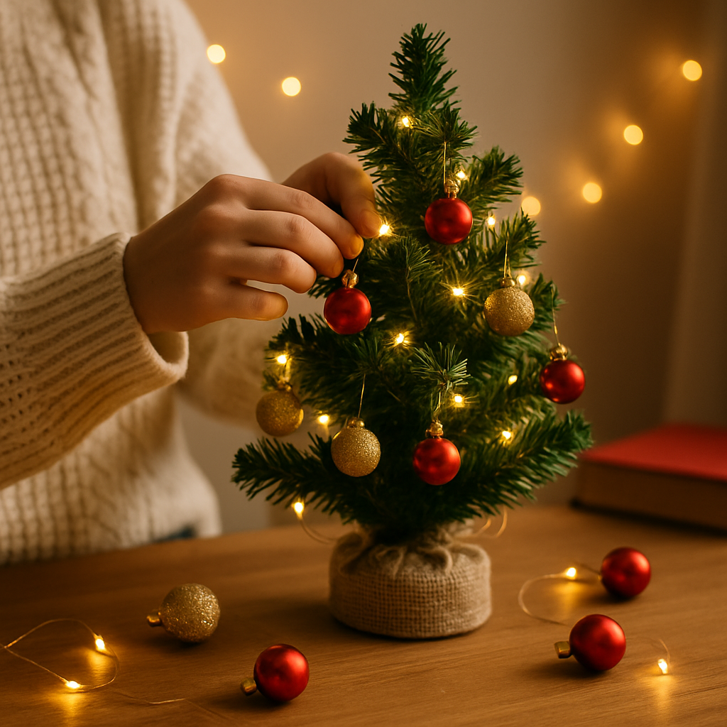 A person decorating a tabletop mini Christmas tree with LED lights and ornaments using HobbyHive’s DIY kit in a cozy indoor space.