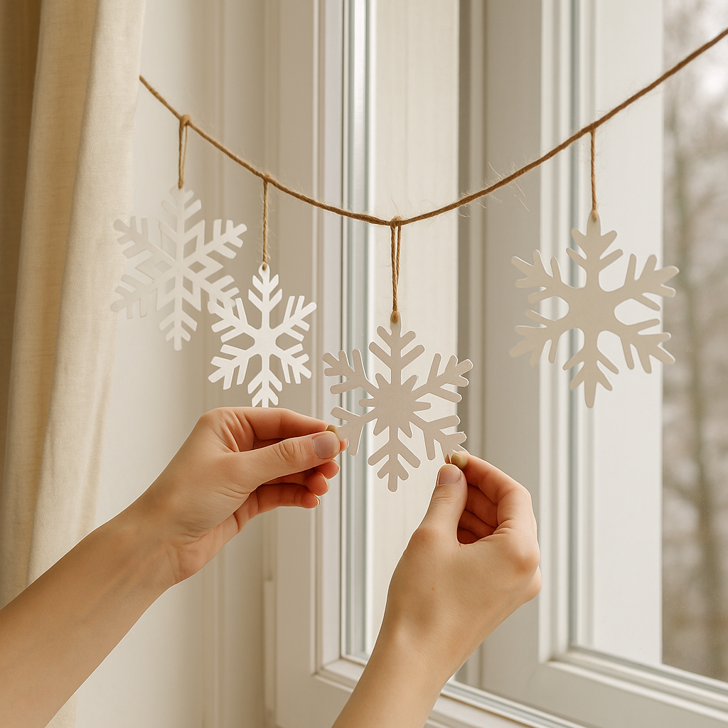 A person hanging paper snowflake garland along a window using HobbyHive’s DIY kit, creating cozy winter decoration indoors.