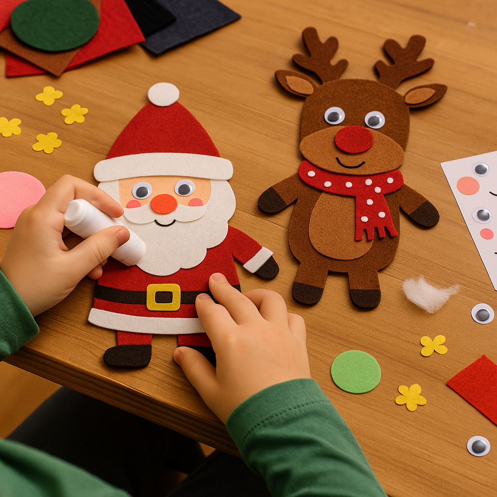 A child assembling a Santa and reindeer paper craft using felt and stickers from HobbyHive’s DIY Christmas craft kit on a table.