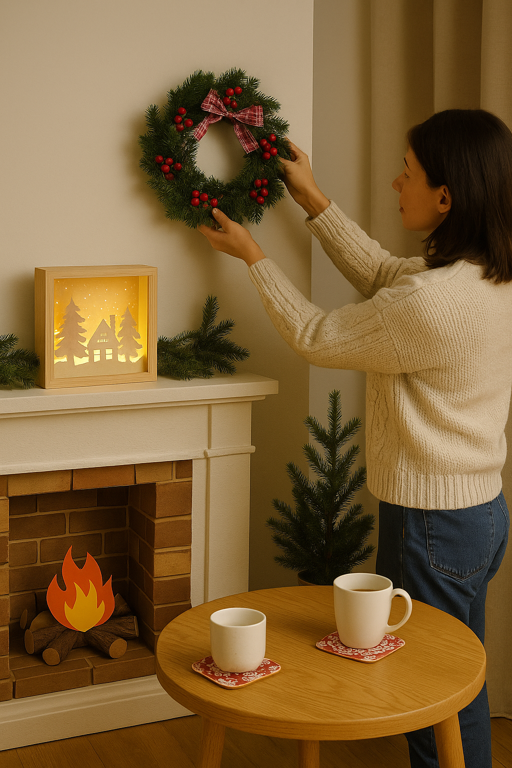 A person decorating a cozy room with handmade DIY items like a Christmas wreath, resin coasters, and a window sticker kit from HobbyHive.