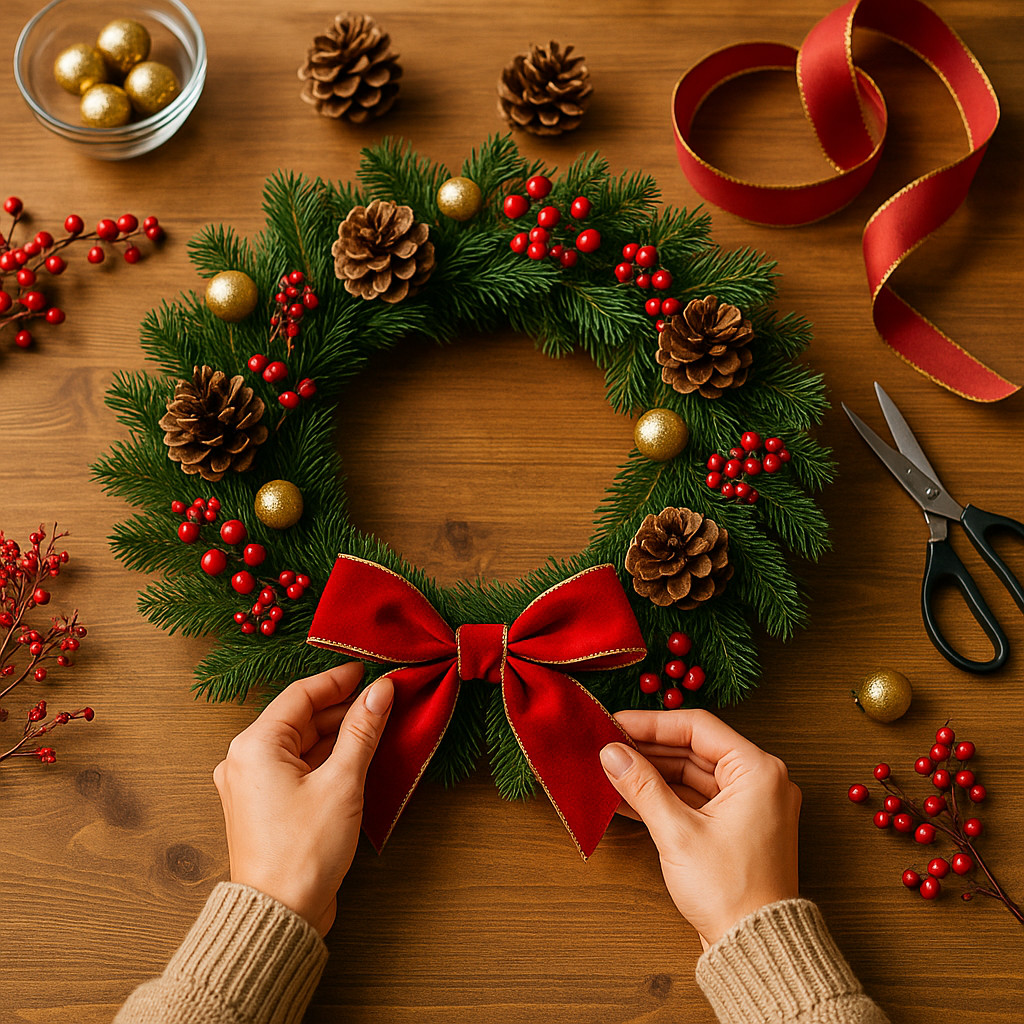 A person crafting a Christmas wreath with greenery, pinecones, and ribbon using HobbyHive’s DIY holiday wreath kit on a wooden table.