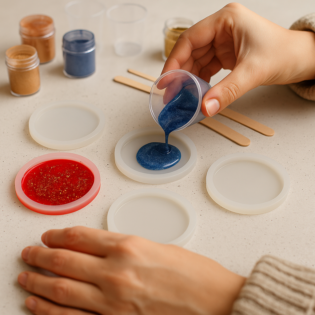 A person pouring colored resin into circular molds to create custom coasters using HobbyHive’s DIY resin kit on a craft table.