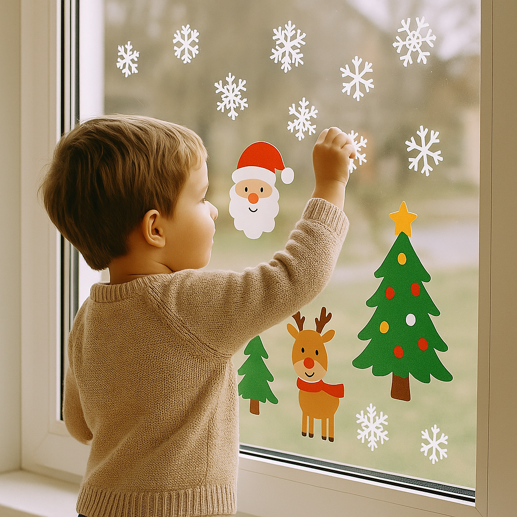A child applying Christmas-themed window stickers like snowflakes and trees on a glass window using HobbyHive’s reusable holiday sticker set.