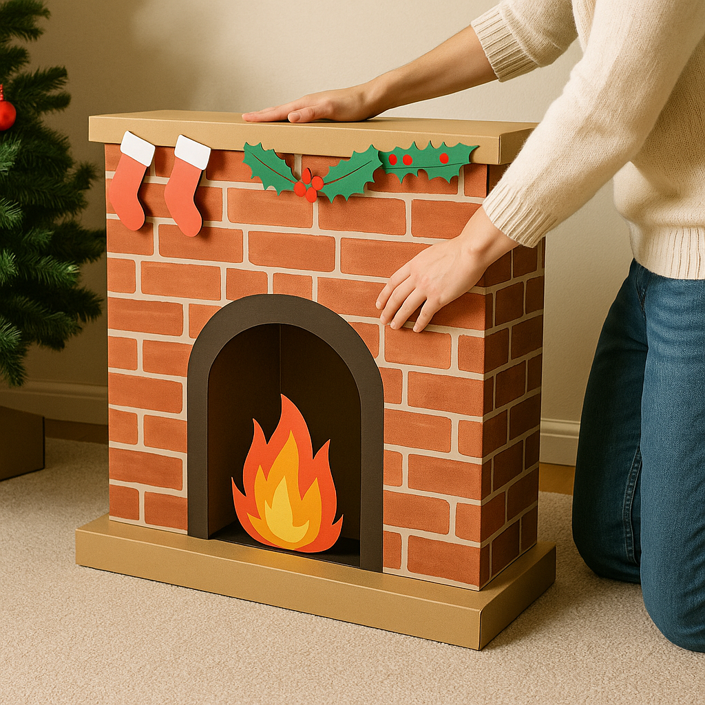 A person assembling a full-size cardboard fireplace using printed panels and holiday decorations from HobbyHive’s DIY kit in a cozy room.