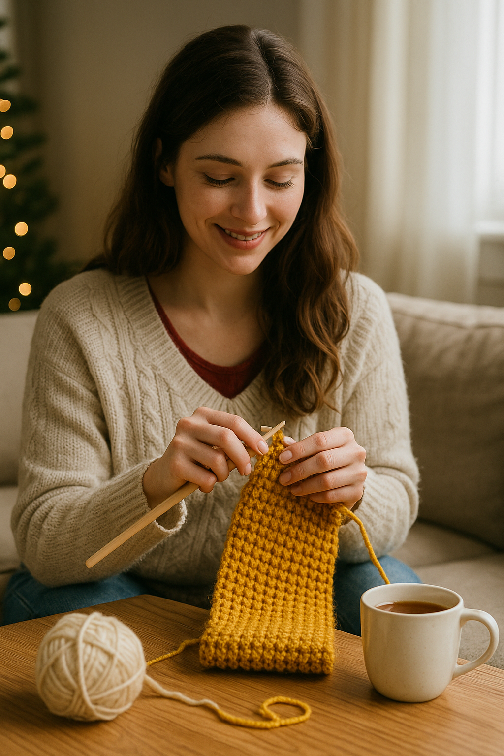 A beginner crafter knitting a scarf in a cozy room using HobbyHive’s DIY winter craft kit with yarn, needles, and hot tea nearby.
