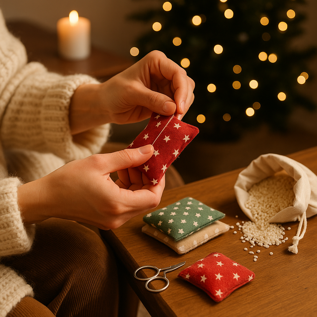 A person sewing a small fabric pouch filled with rice to create a DIY hand warmer using HobbyHive’s winter craft kit.