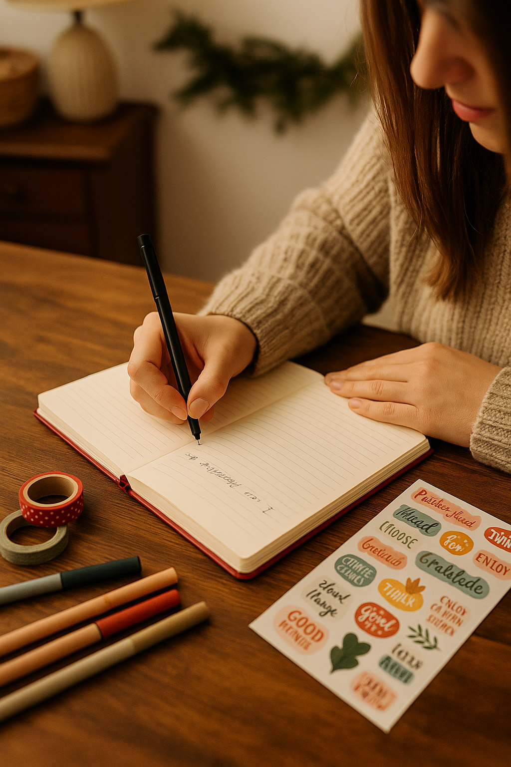 A woman writing in a gratitude journal with HobbyHive’s DIY kit, surrounded by stickers, pens, and cozy decor on a wooden desk.