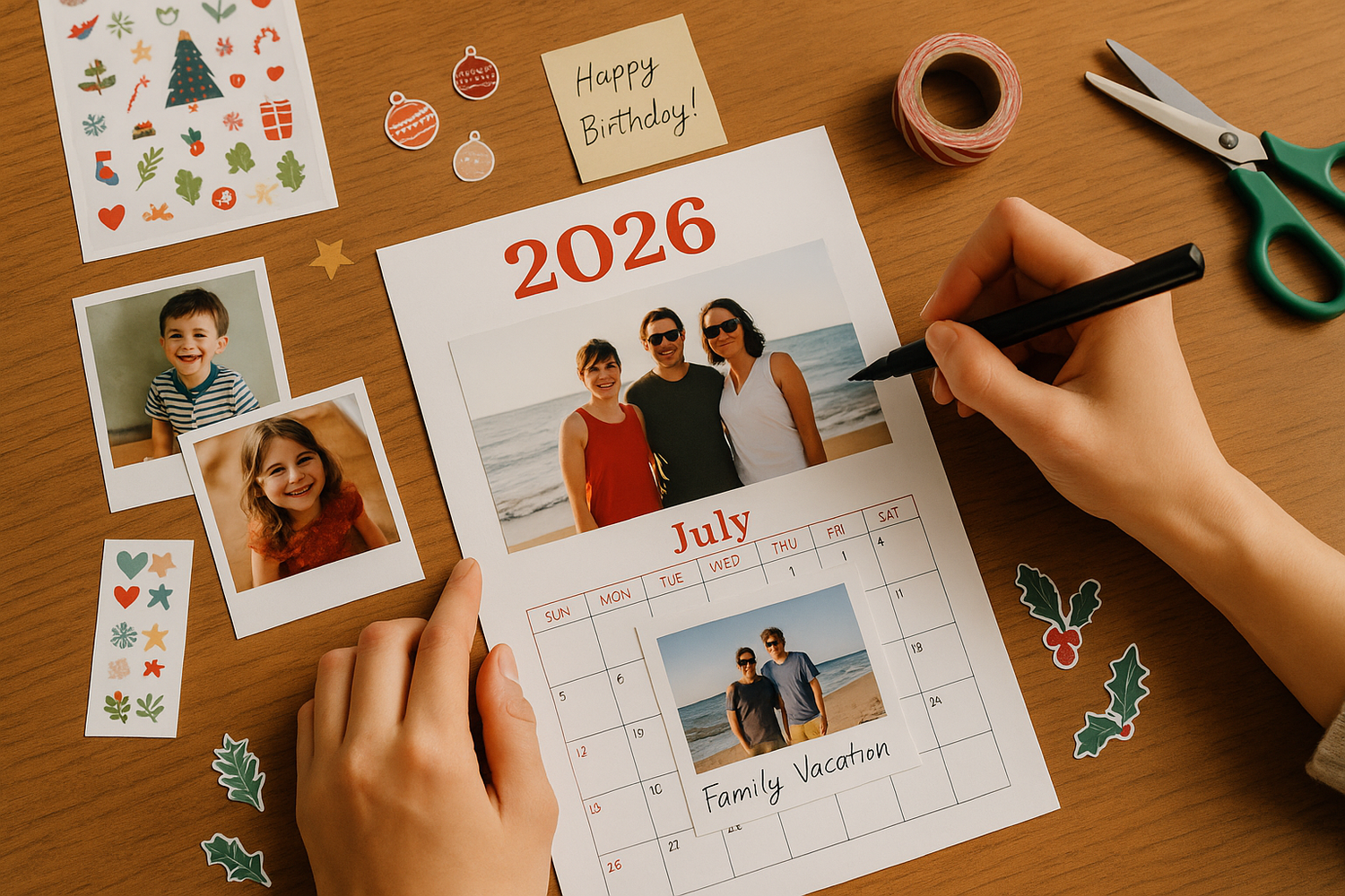 A person decorating a DIY photo calendar with personal images, seasonal stickers, and handwriting using HobbyHive’s craft kit.