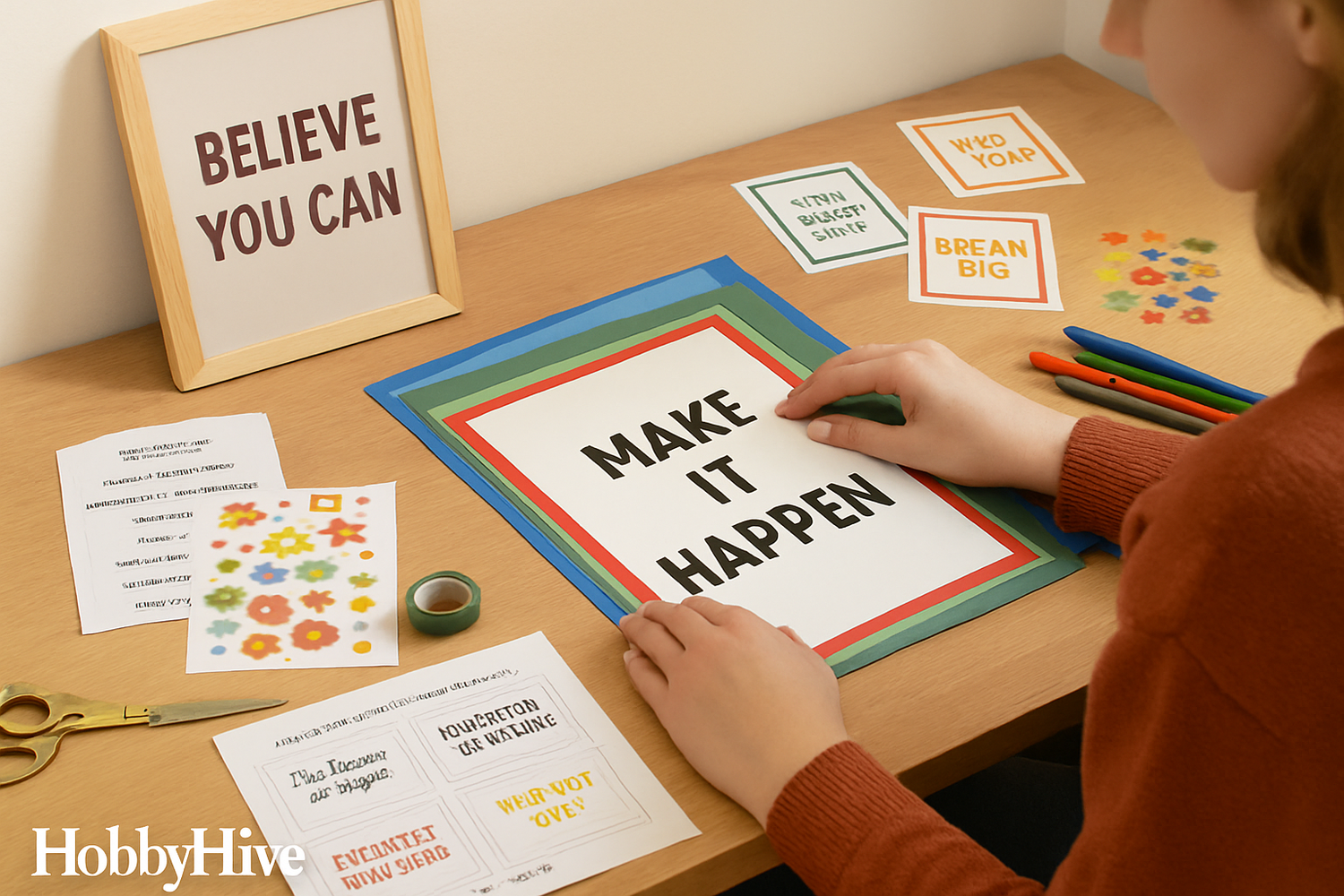 A person designing a motivational quote poster using HobbyHive’s DIY kit with colorful frames, stickers, and printed affirmations.