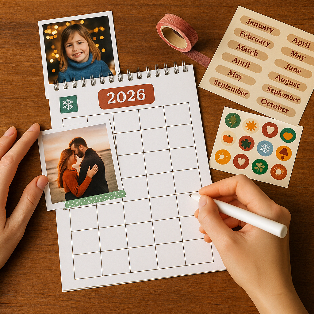 A person arranging photos and decorating a personalized calendar using HobbyHive’s DIY Photo Calendar Kit with 2026 labels and stickers.