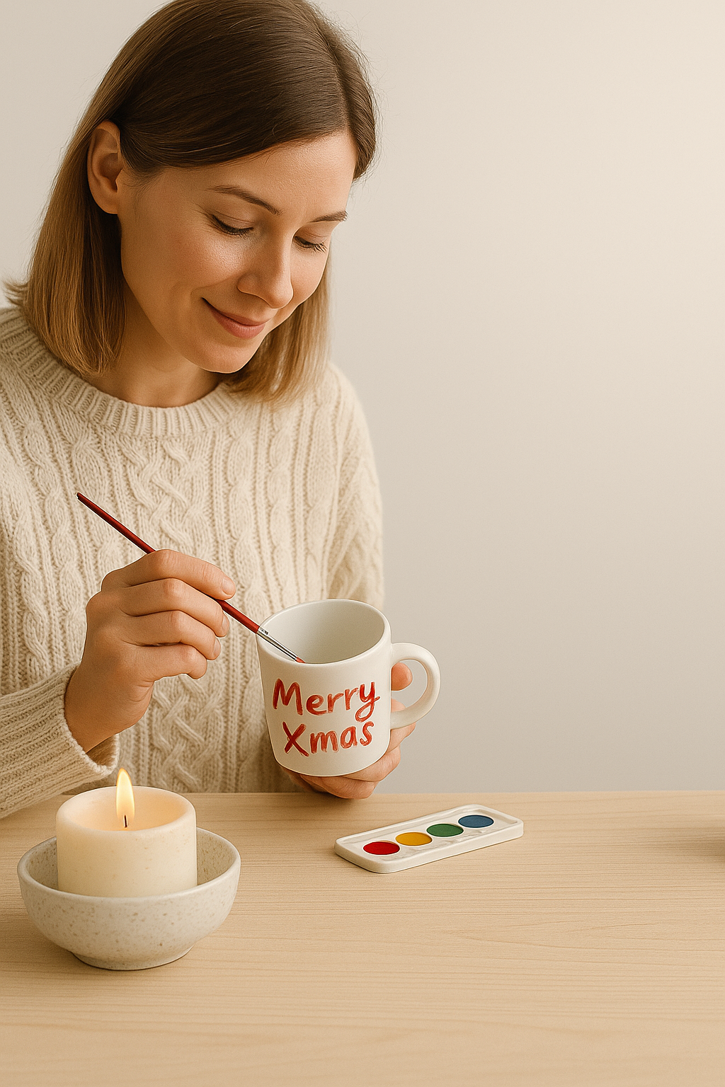 A woman crafting a handmade holiday gift kit with natural materials in a cozy winter setting.