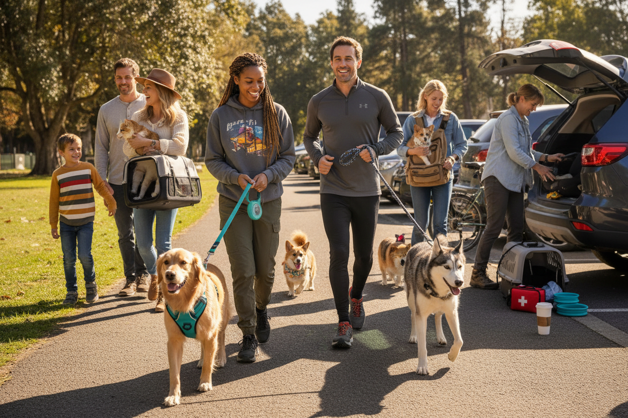 Dog and cat walk & travel essentials: leash, harness, carrier, car accessories, outdoor gear