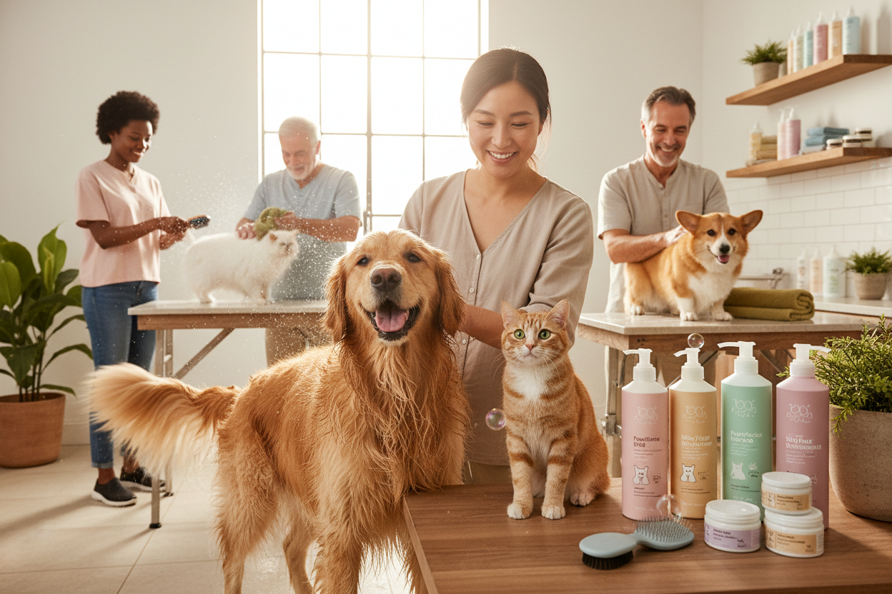 Pet bath and skin care essentials for dogs and cats in a clean modern bathroom setup