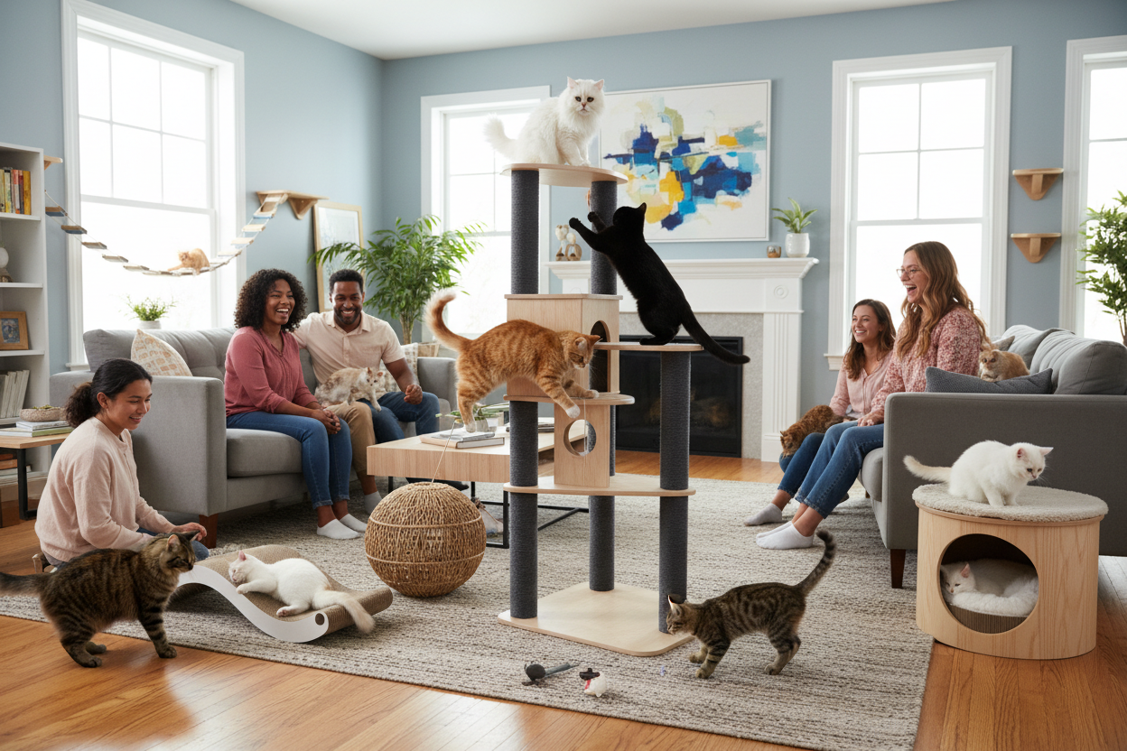 Sturdy cat scratching post and cat tree in a modern living room, scratch and climb setup