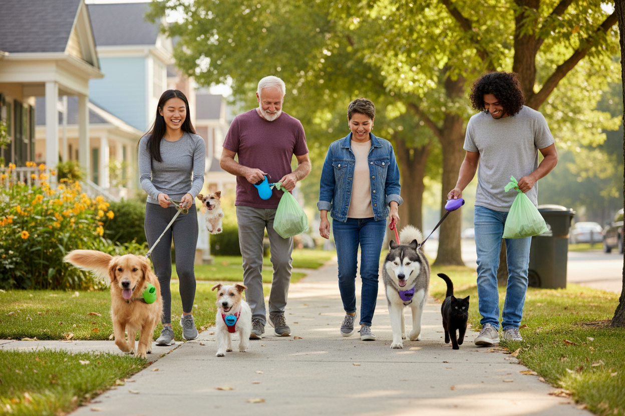 Poop bags and dispenser for pet walks, compact carry design for easy cleanup