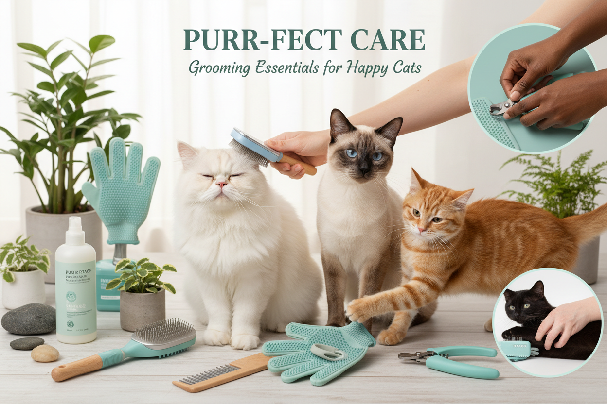 Cat grooming and care essentials neatly arranged: brush, wipes, hygiene tools for daily routine