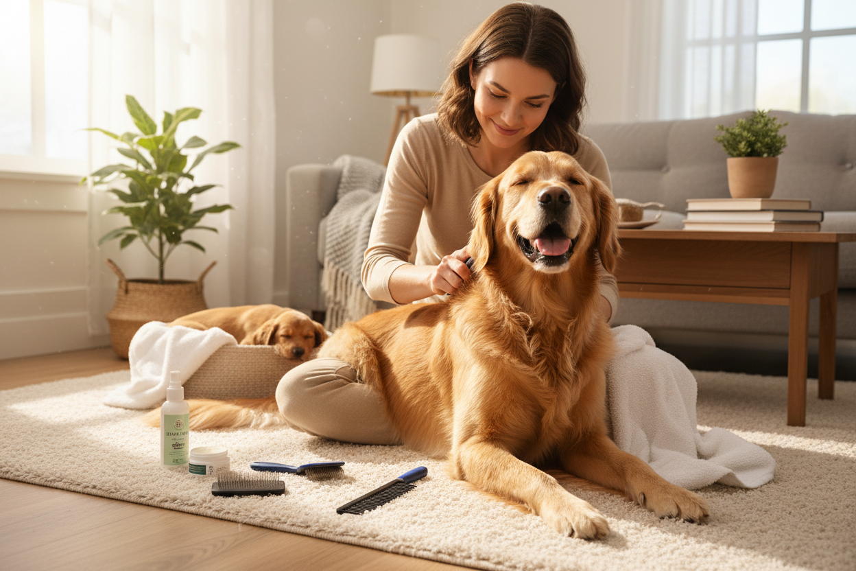 Dog grooming tools and care essentials neatly arranged, clean simple routine