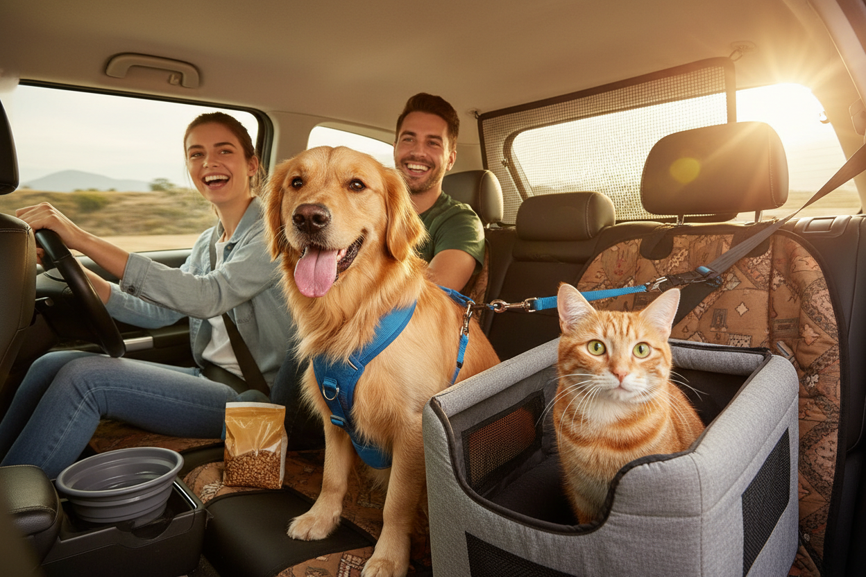 Pet car travel accessories for dogs and cats: seat protection and safety essentials