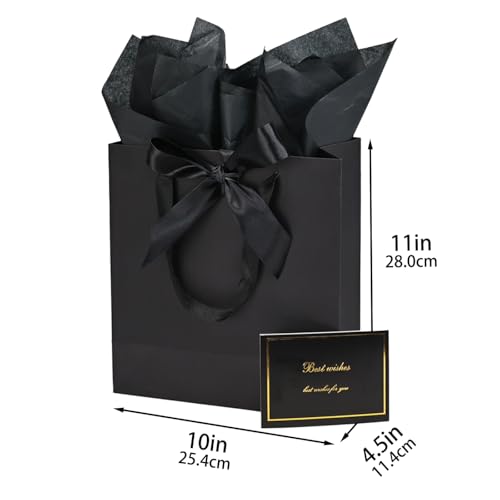 Papertide 2 Pack 10x4.5x11 Inch Large Black Gift Bag Set with Tissue Paper, Greeting Card & Ribbon, Big Gift Wrapping Kits...