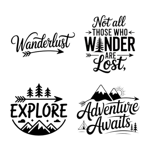 (4PCs) Adventure Quote Decal Set Black UV DTF Decal Waterproof Durable Easy to Apply Adventure Awaits Explore Wanderlust B...