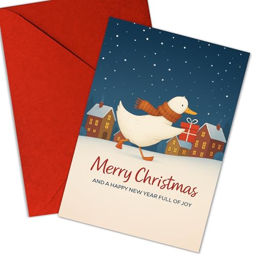 (5.3x8in) Cute Duck Christmas Card, Merry Christmas and Happy New Year Full of Joy, Handmade Holiday Greeting with Festive...