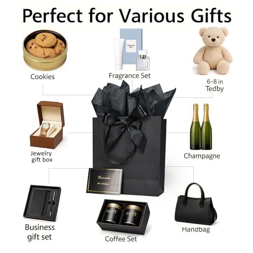 Papertide 2 Pack 10x4.5x11 Inch Large Black Gift Bag Set with Tissue Paper, Greeting Card & Ribbon, Big Gift Wrapping Kits...