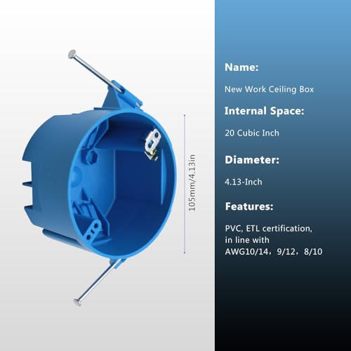 1 Gang PVC Round Ceiling Electrical Box,4" Dia with Grounding Lug and Screw,New Work 20 Cubic inch Box,ETL,for Residential...