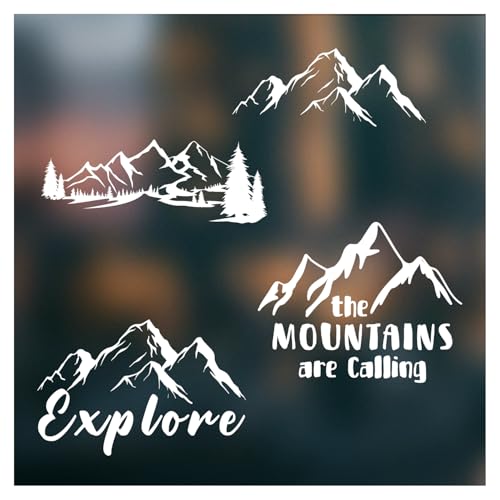 (4PCs) Mountain Adventure Decal Set White UV DTF Decal Waterproof Durable Easy to Apply Explore Mountains Landscape Nature...