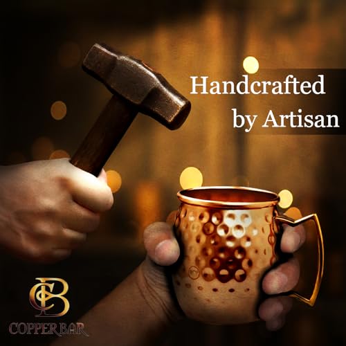 COPPER-BAR Moscow Mule Copper Mugs - Unique HANDCRAFTED Gift Set of 2, Hammered by Artisan, 100% Pure Solid Copper Cups 16...
