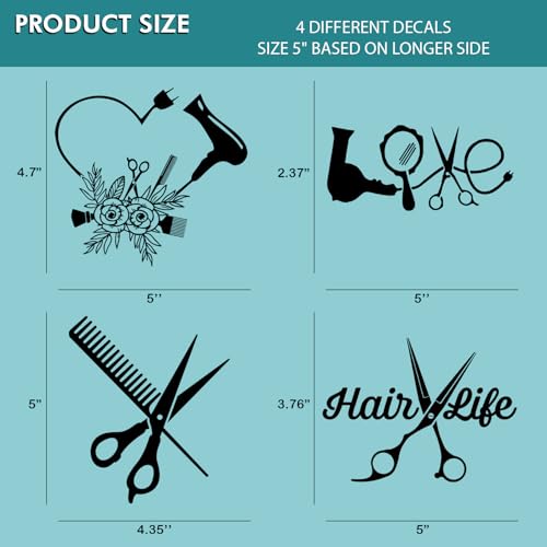 (4PCs) Hair Style Decal Set Black UV DTF Decal Waterproof Durable Easy to Apply Scissors Comb Hair Dryer Heart Salon Tools...