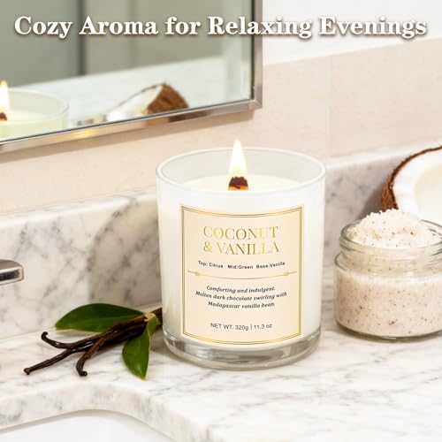 2 Pack Wood Wick Coconut & Vanilla Candle Gift Set – Long Lasting Soy Wax Candles with Gift Boxes, Holiday Aromatherapy Ca...
