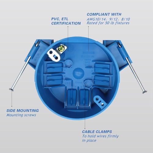 1 Gang PVC Round Ceiling Electrical Box,4" Dia with Grounding Lug and Screw,New Work 20 Cubic inch Box,ETL,for Residential...