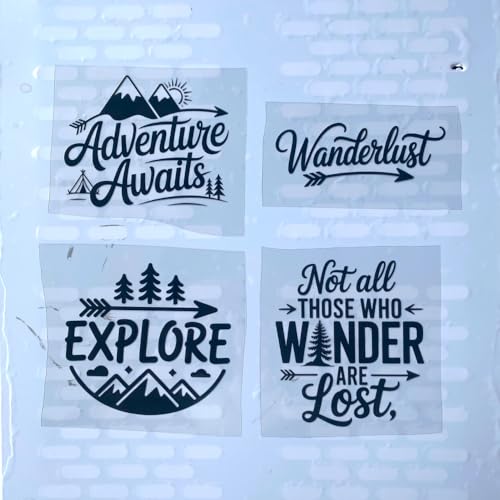 (4PCs) Adventure Quote Decal Set Black UV DTF Decal Waterproof Durable Easy to Apply Adventure Awaits Explore Wanderlust B...