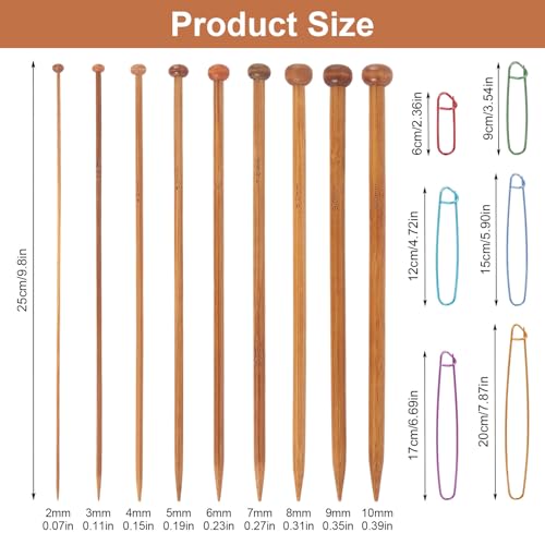 Bamboo Knitting Needles Set, 9 Pairs Single Point Straight Wood Needles for Beginners, Long Wooden Knitting Needles for Sw...