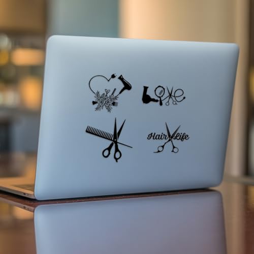 (4PCs) Hair Style Decal Set Black UV DTF Decal Waterproof Durable Easy to Apply Scissors Comb Hair Dryer Heart Salon Tools...