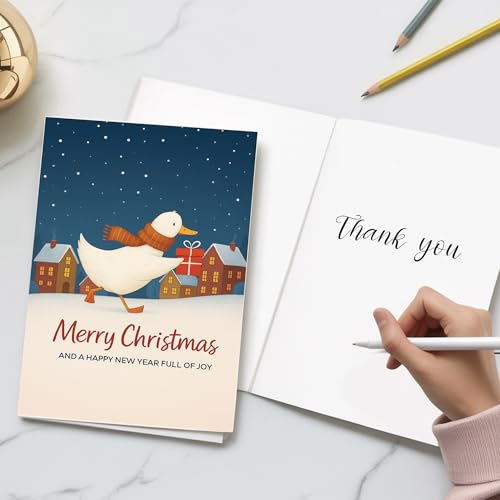 (5.3x8in) Cute Duck Christmas Card, Merry Christmas and Happy New Year Full of Joy, Handmade Holiday Greeting with Festive...