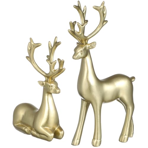 Ciieeo 2Pcs Decorative Resin Elk Craft Xmas Desktop Adornments Golden Reindeer Home Party Props for Holiday Tabletop Decor...