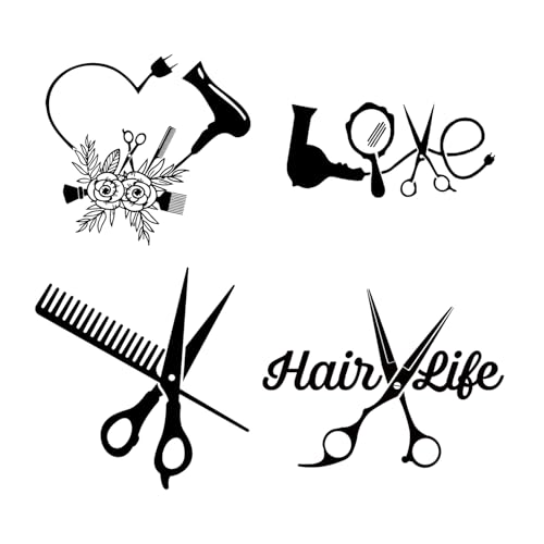(4PCs) Hair Style Decal Set Black UV DTF Decal Waterproof Durable Easy to Apply Scissors Comb Hair Dryer Heart Salon Tools...