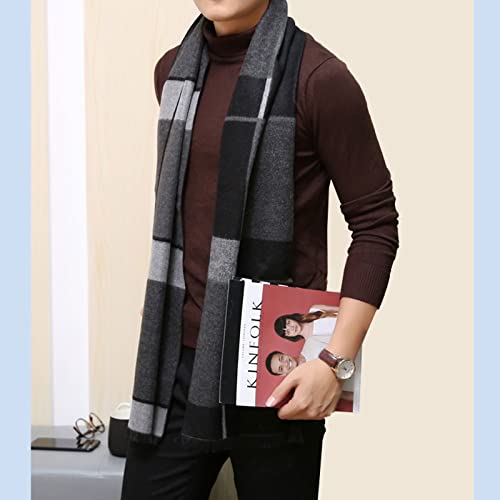 Pibupibu 2 Packs Cashmere Feel Men Scarf for Winter Outdoors, Black Grey Plaid Soft Warm Scarf