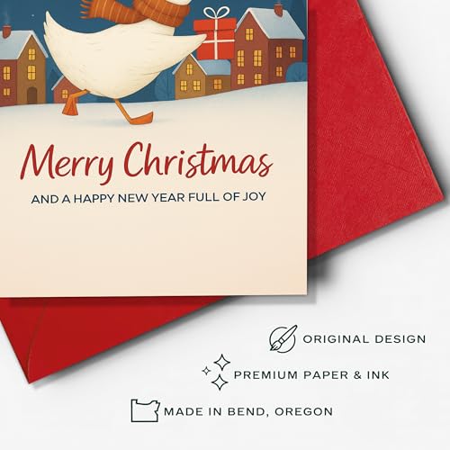 (5.3x8in) Cute Duck Christmas Card, Merry Christmas and Happy New Year Full of Joy, Handmade Holiday Greeting with Festive...