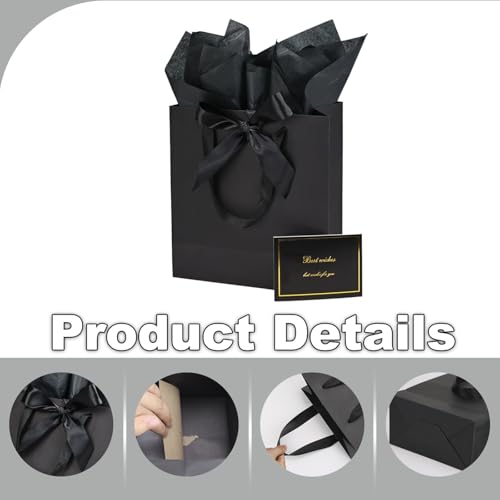 Papertide 2 Pack 10x4.5x11 Inch Large Black Gift Bag Set with Tissue Paper, Greeting Card & Ribbon, Big Gift Wrapping Kits...