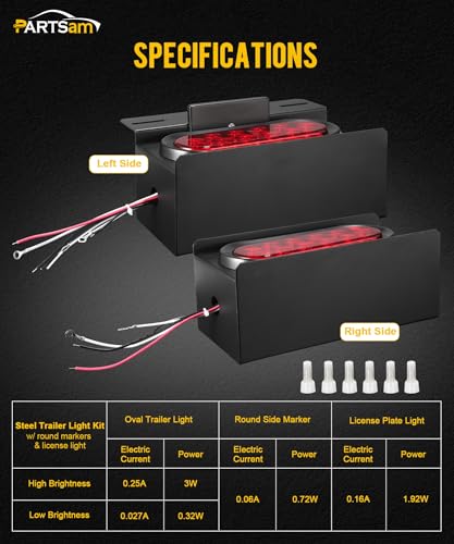 PARTSam LED Steel Trailer Light Box Housing Kit w/ 6 Inch Oval Red Trailer Tail Lights 10LED 2" Round Red Side Marker Ligh...