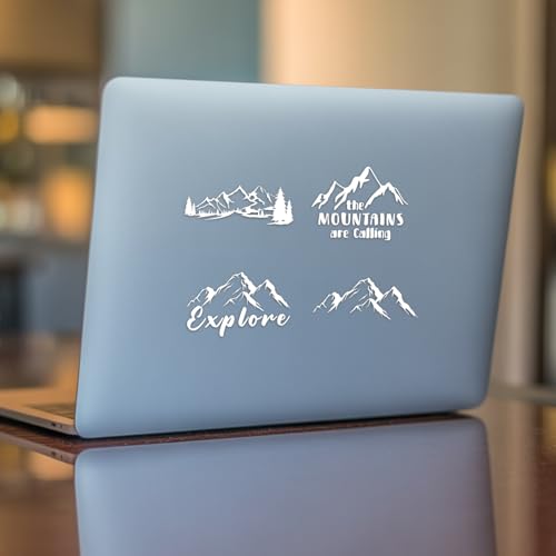 (4PCs) Mountain Adventure Decal Set White UV DTF Decal Waterproof Durable Easy to Apply Explore Mountains Landscape Nature...
